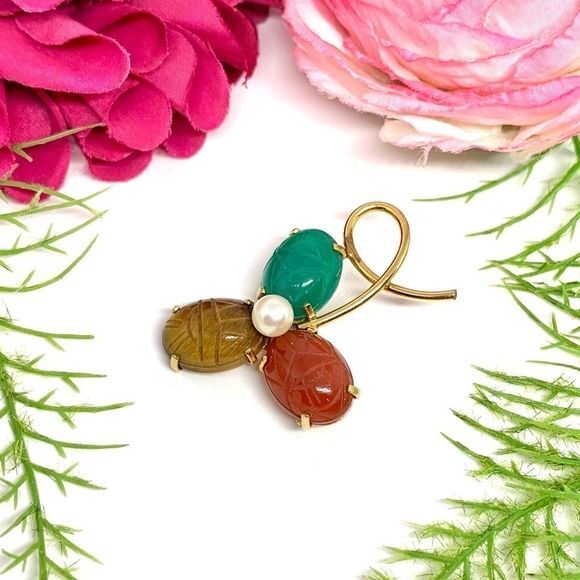 Vintage Jewelry - VINTAGE⚜️12K GF Gemstone & Cultured Pearl Clover Ronci Brooch